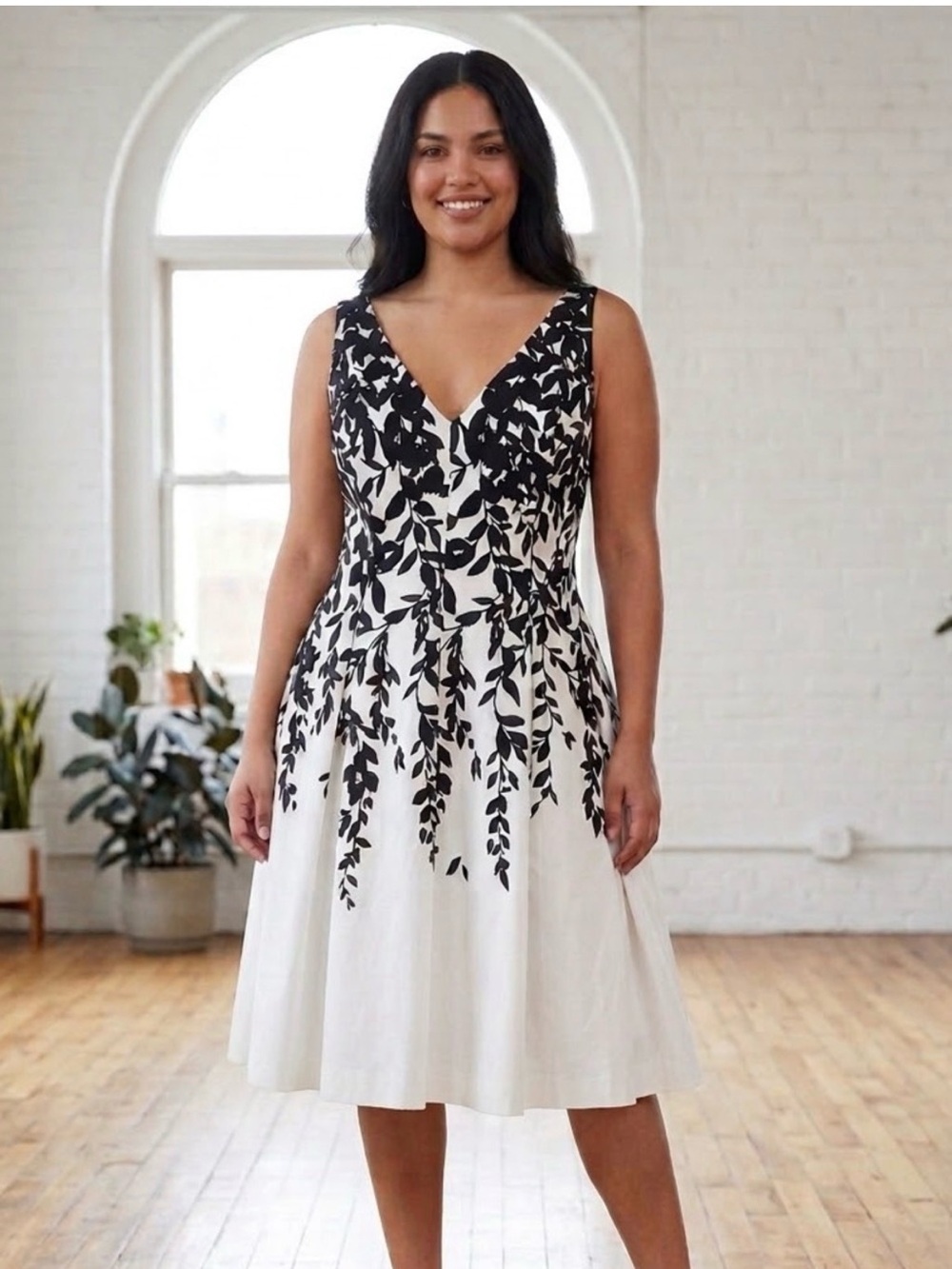 Ralph Lauren Black & White Sleeveless V-Neck Floral Midi Dress
